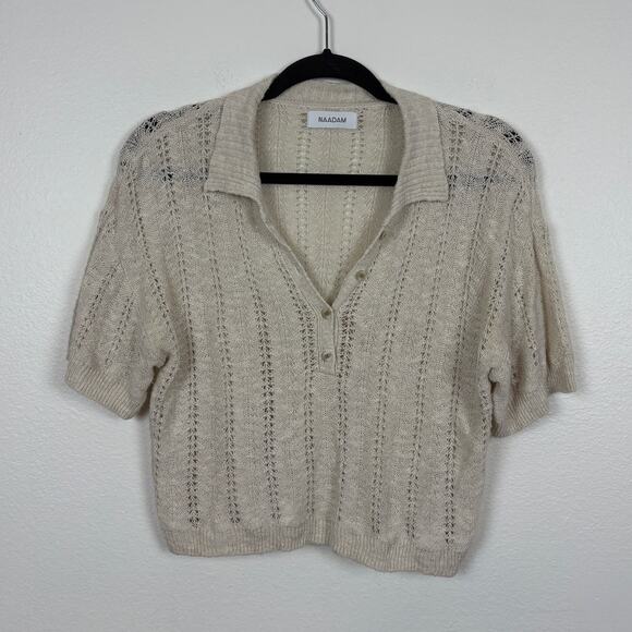 NAADAM Pointelle Knit Cashmere Linen Silk Dainty Preppy Short Sleeve Polo Small